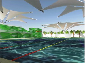 el proyecto consiste en la construcción de una alberca semiolímpica con: gradas, baños, bancos de salida y techo.