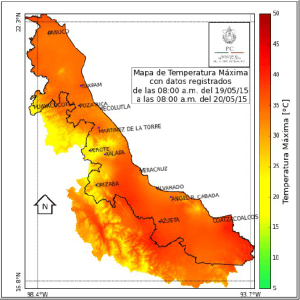 Mapa de Temperatura Máxima que cubre de las 8:00 am del 19-05-15 a las 8:00 am del 20-05-15 