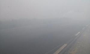 Nula visibilidad en la carretera transísmica entre Coatza y Mina, por Las Matas. Está cerrada. (Foto Irma Santander)