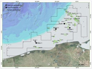 Mapa de los nuevos descubrimientos, son en el litoral de Tabasco.