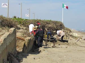 Personal de Obras Públicas instala llantas viejas en la zona de playas.