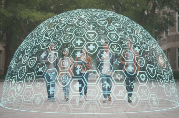 Group of five young adults walking surrounded by a digital dome with health-related icons