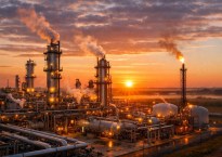 Industrial refinery with multiple towers emitting smoke and a flare burning gas at sunset