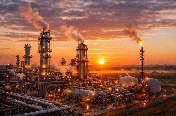 Industrial refinery with multiple towers emitting smoke and a flare burning gas at sunset