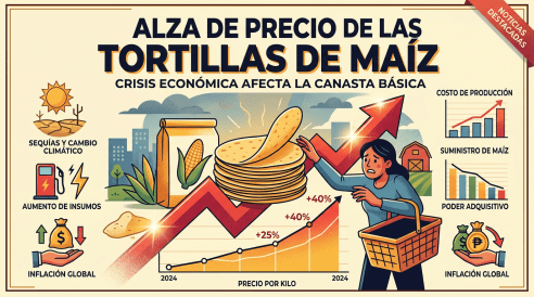 Chart showing tortilla price increase due to climate change, input costs, inflation, and supply shortages