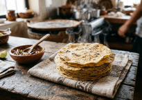 Stack of steaming flatbreads on cloth on wooden table with bowl of salsa