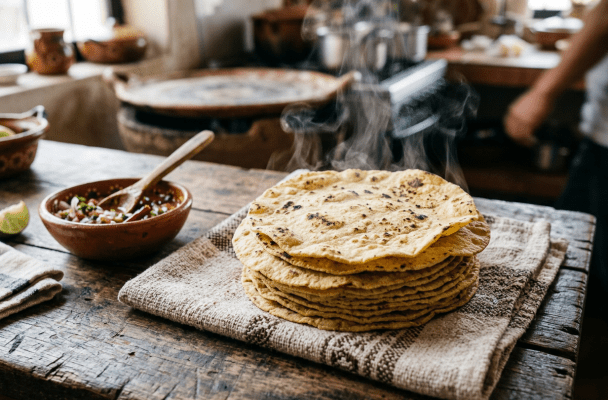 Stack of steaming flatbreads on cloth on wooden table with bowl of salsa