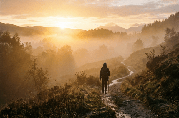 Smiling woman at kitchen table with rent savings jar, bills, calculator, and plant