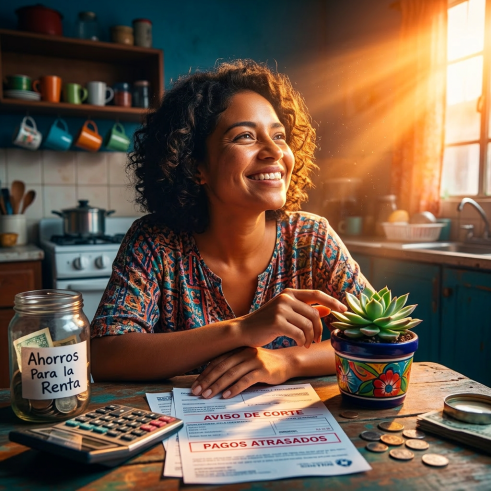 Smiling woman at kitchen table with rent savings jar, bills, calculator, and plant