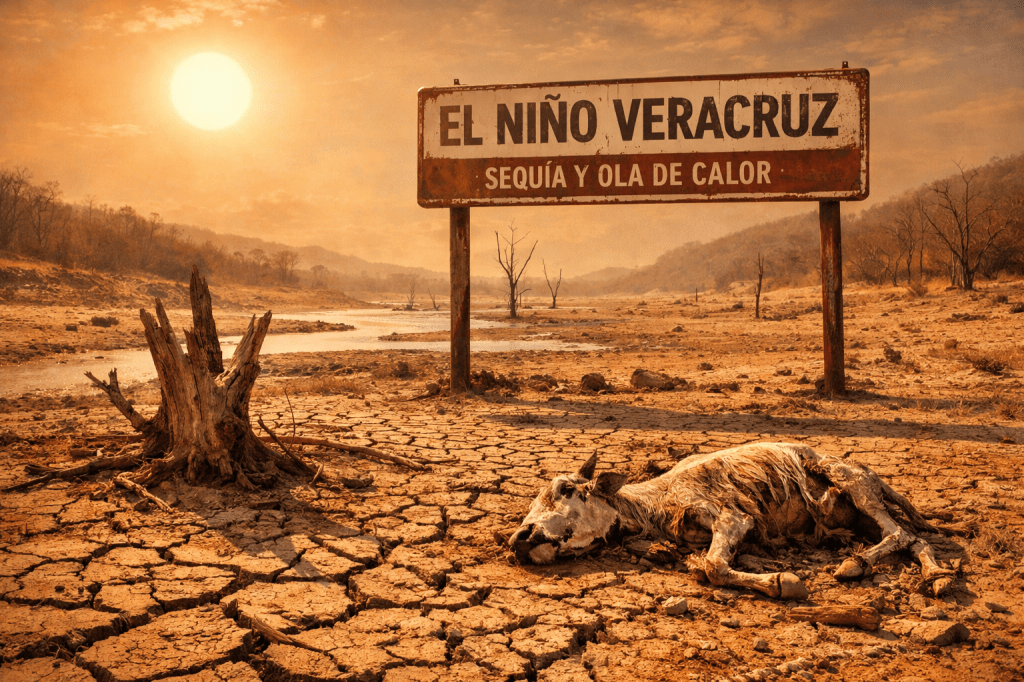 Dead cow lying on cracked dry earth with El Niño Veracruz drought and heatwave sign