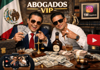 Two men wearing sunglasses with money, liquor, and social media icons