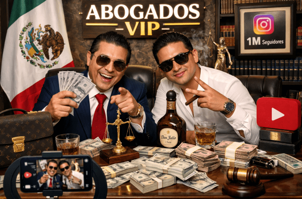 Two men wearing sunglasses with money, liquor, and social media icons
