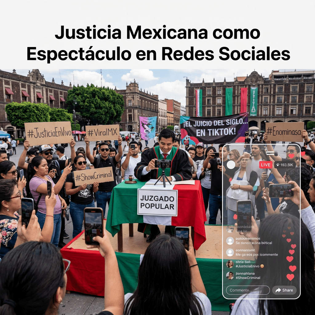 Man in judge robes livestreaming a mock trial surrounded by protesters with social media hashtags