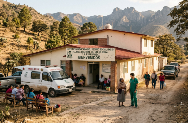 Rural health clinic building in Mexico with people sitting and walking nearby and an ambulance parked outside