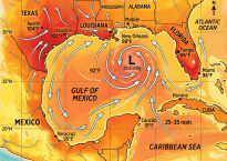 Gulf of Mexico weather map with temperatures and wind directions on July 28, 2024