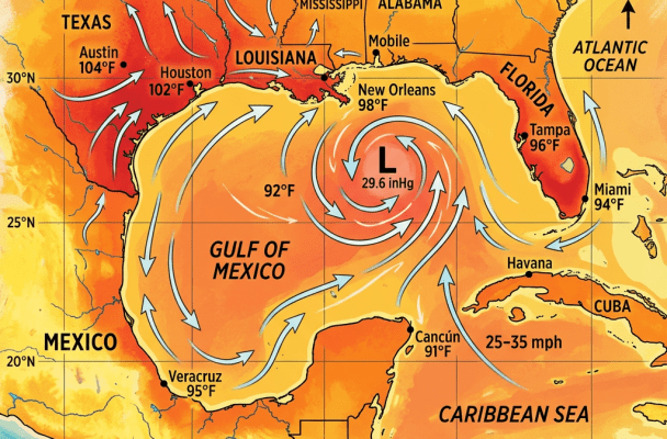 Gulf of Mexico weather map with temperatures and wind directions on July 28, 2024