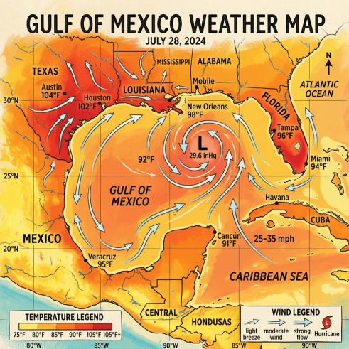 Gulf of Mexico weather map with temperatures and wind directions on July 28, 2024