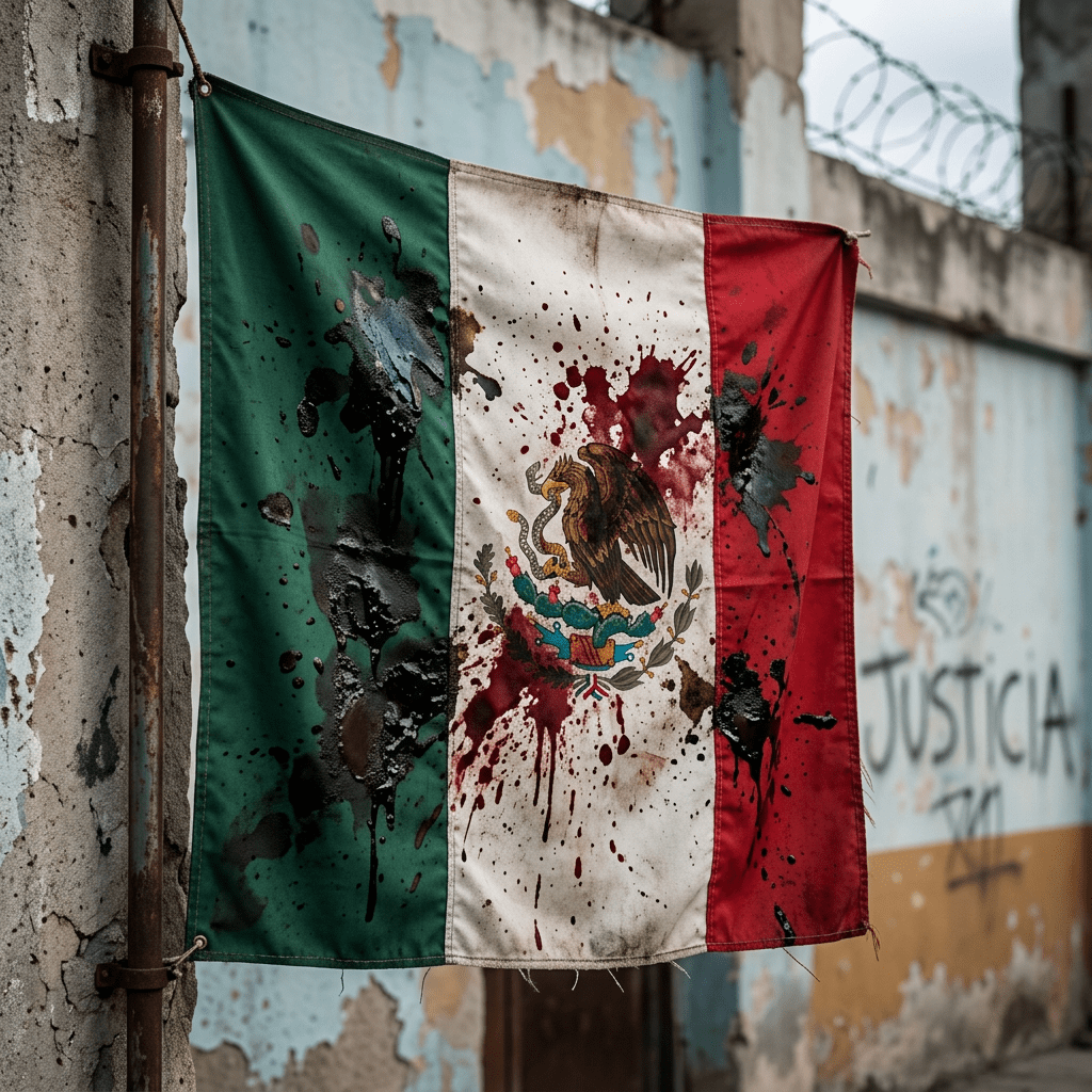 Mexican flag covered in black and red paint splatters with 'JUSTICIA' graffiti on wall behind