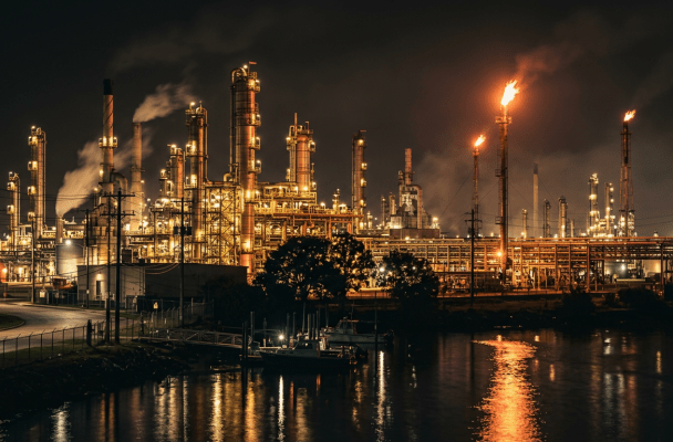 Oil refinery complex with tall smokestacks and flames burning at night