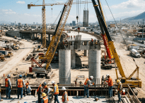 Construction workers on highway overpass supporting columns with cranes lifting rebar sections