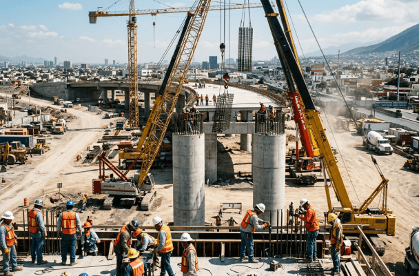 Construction workers on highway overpass supporting columns with cranes lifting rebar sections