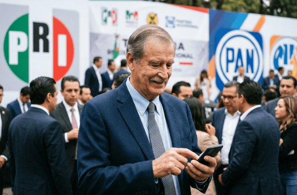Man in suit checking smartphone at political event with PRI and PAN banners behind