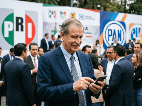 Man in suit checking smartphone at political event with PRI and PAN banners behind