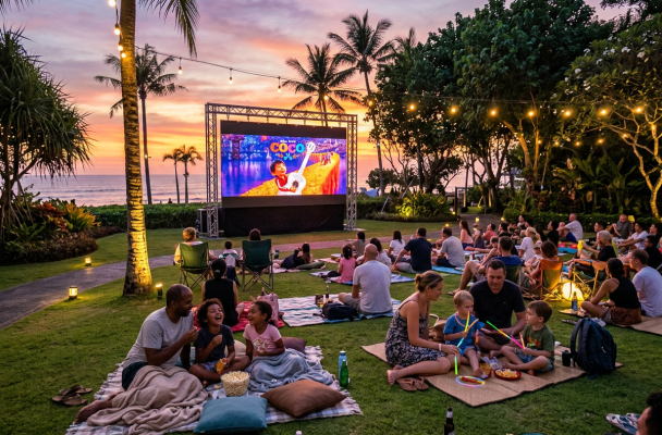 Outdoor movie screening of Coco with families sitting on blankets and chairs on grass near ocean
