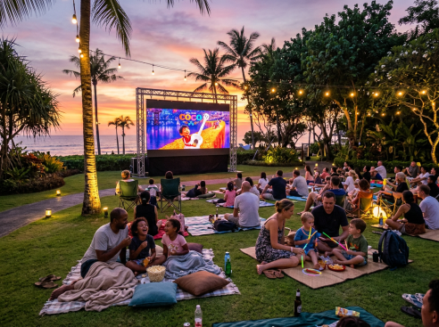 Outdoor movie screening of Coco with families sitting on blankets and chairs on grass near ocean