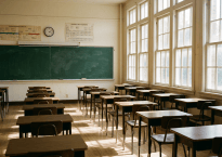 Empty classroom with wooden desks and chairs, chalkboard, clock, and educational posters