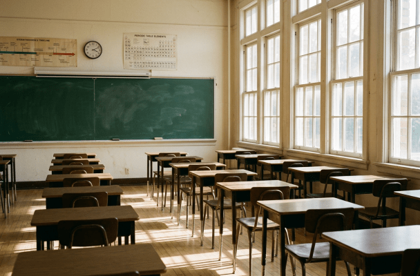 Empty classroom with wooden desks and chairs, chalkboard, clock, and educational posters