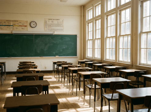 Empty classroom with wooden desks and chairs, chalkboard, clock, and educational posters