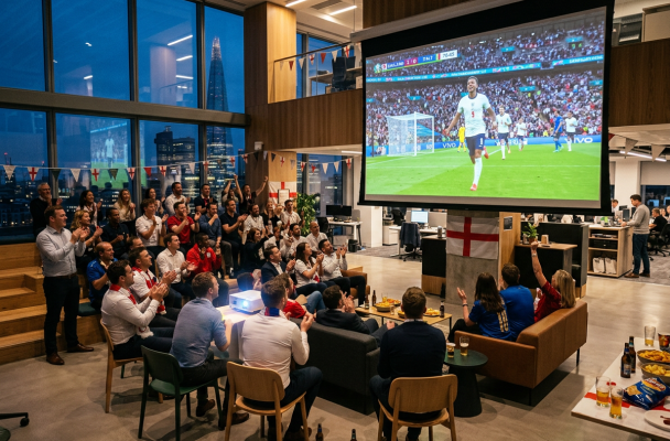 Group of people watching England football match in office with flags and snacks