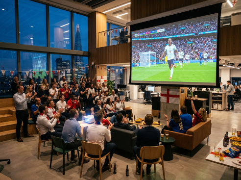 Group of people watching England football match in office with flags and snacks