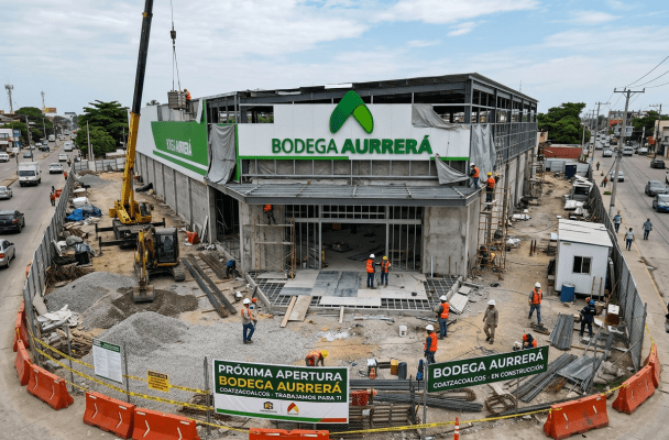 Bodega Aurrerá store under construction with workers, machinery, and signage