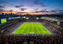 A packed stadium during a football match at sunset with players on the field and cheering fans.