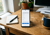 Smartphone showing user registration form with fields for name, email, password, and terms agreement
