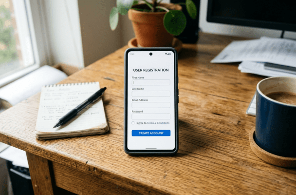 Smartphone showing user registration form with fields for name, email, password, and terms agreement
