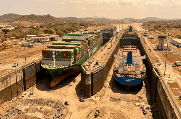 Two container ships, Evergreen and Cosco Shipping, navigating adjacent locks at the Panama Canal
