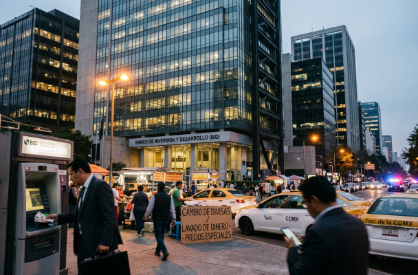 BID building with street vendors, taxis, and pedestrians at dusk