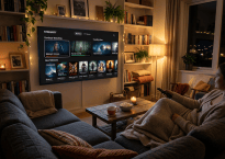 Person on couch browsing movie options on TV streaming app interface
