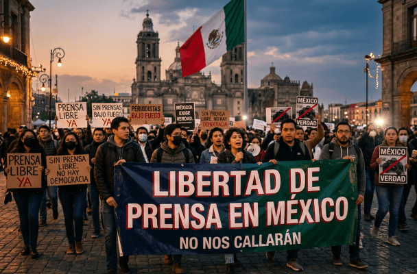 Group of protesters holding banners demanding press freedom in Mexico