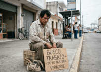 Man sitting on a crate holding a cardboard sign seeking any work in Veracruz