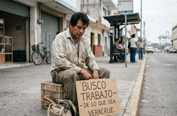 Man sitting on a crate holding a cardboard sign seeking any work in Veracruz