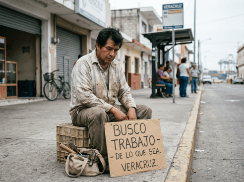 Man sitting on a crate holding a cardboard sign seeking any work in Veracruz
