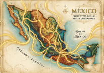 Illustrated map of Mexico labeled “MÉXICO,” “CORRIENTES DE LUZ,” and “RED DE CONEXIONES”