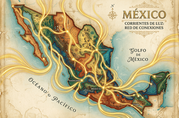 Illustrated map of Mexico labeled “MÉXICO,” “CORRIENTES DE LUZ,” and “RED DE CONEXIONES”