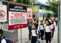 Cartel: ¡AVISO IMPORTANTE! SE PROHÍBE EL INGRESO DE CELULARES A ESTA ESCUELA PRIMARIA. SEGÚN DISPOSICIONES OFICIALES, LOS ALUMNOS DEBEN DEJAR SUS DISPOSITIVOS EN CASA.