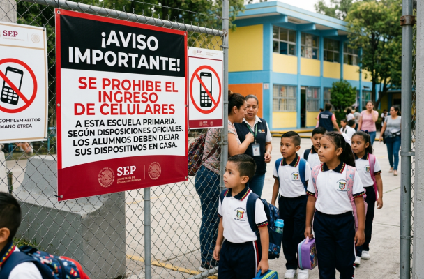 Cartel: ¡AVISO IMPORTANTE! SE PROHÍBE EL INGRESO DE CELULARES A ESTA ESCUELA PRIMARIA. SEGÚN DISPOSICIONES OFICIALES, LOS ALUMNOS DEBEN DEJAR SUS DISPOSITIVOS EN CASA.