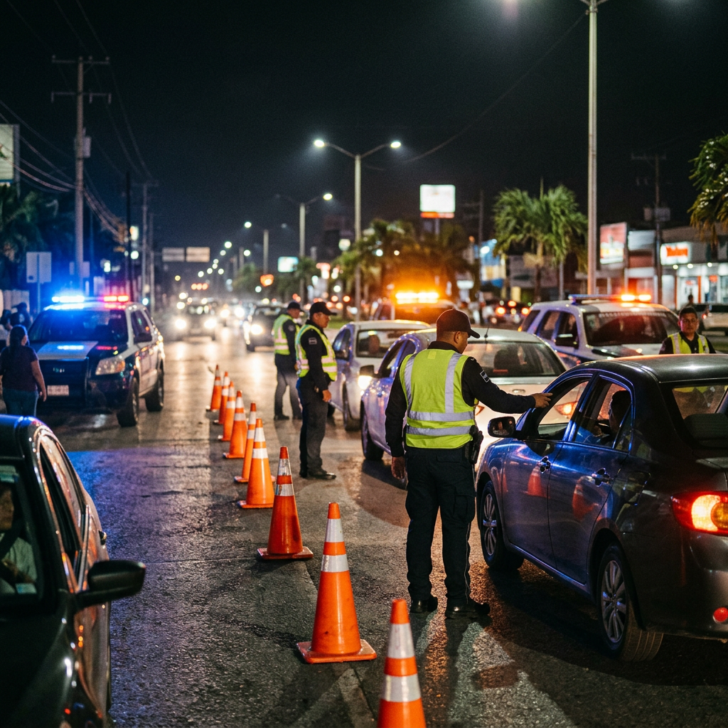 Traffic officers directing cars through a nighttime checkpoint marked with cones